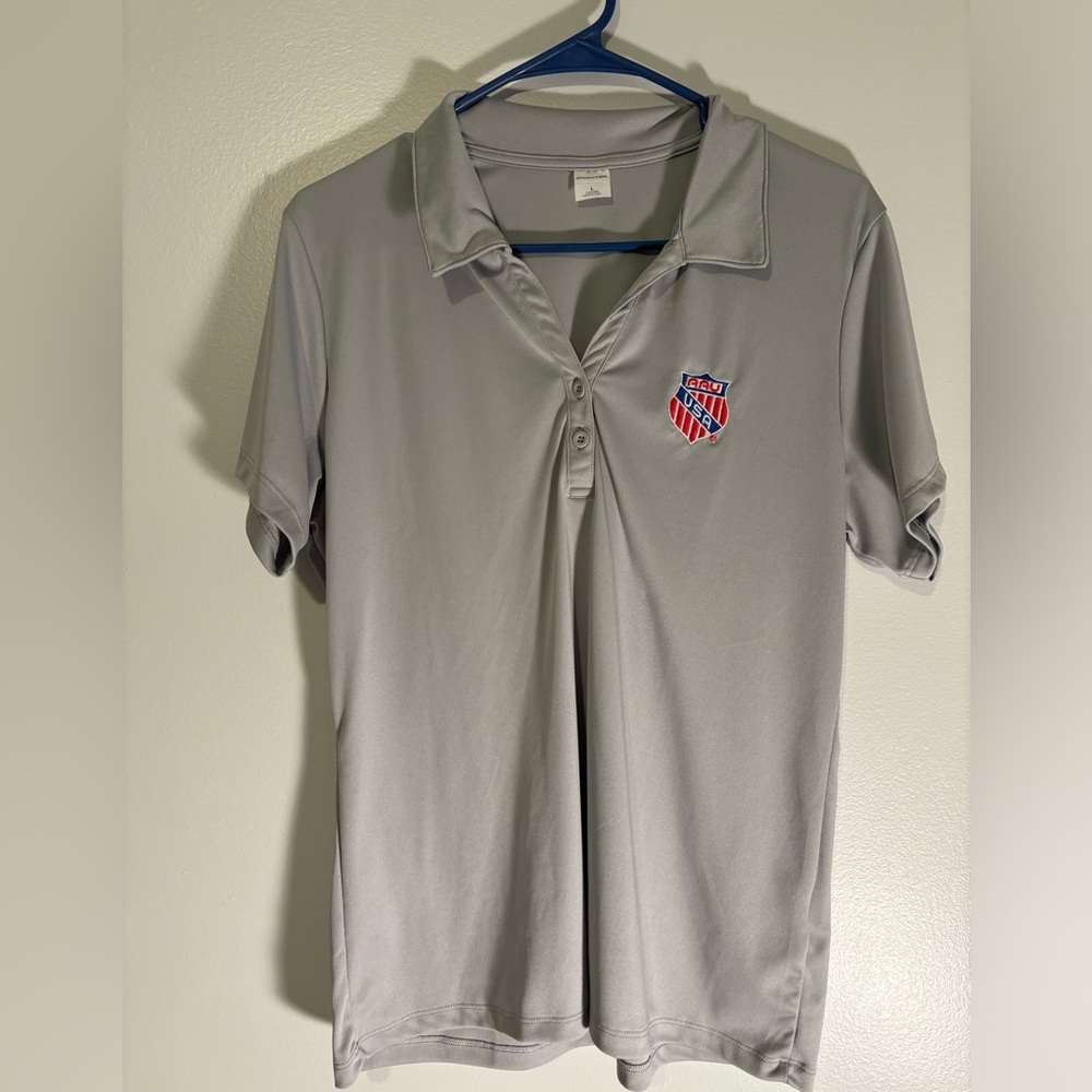 AAU sports wear, Ladies, Large gray 2 button polo shirt, size Large